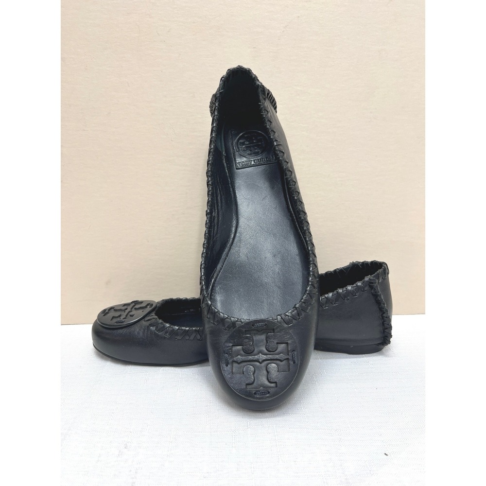Tory Burch Ballet Flats Womens 8M Black Excellent Whipstitch Logo Medallion